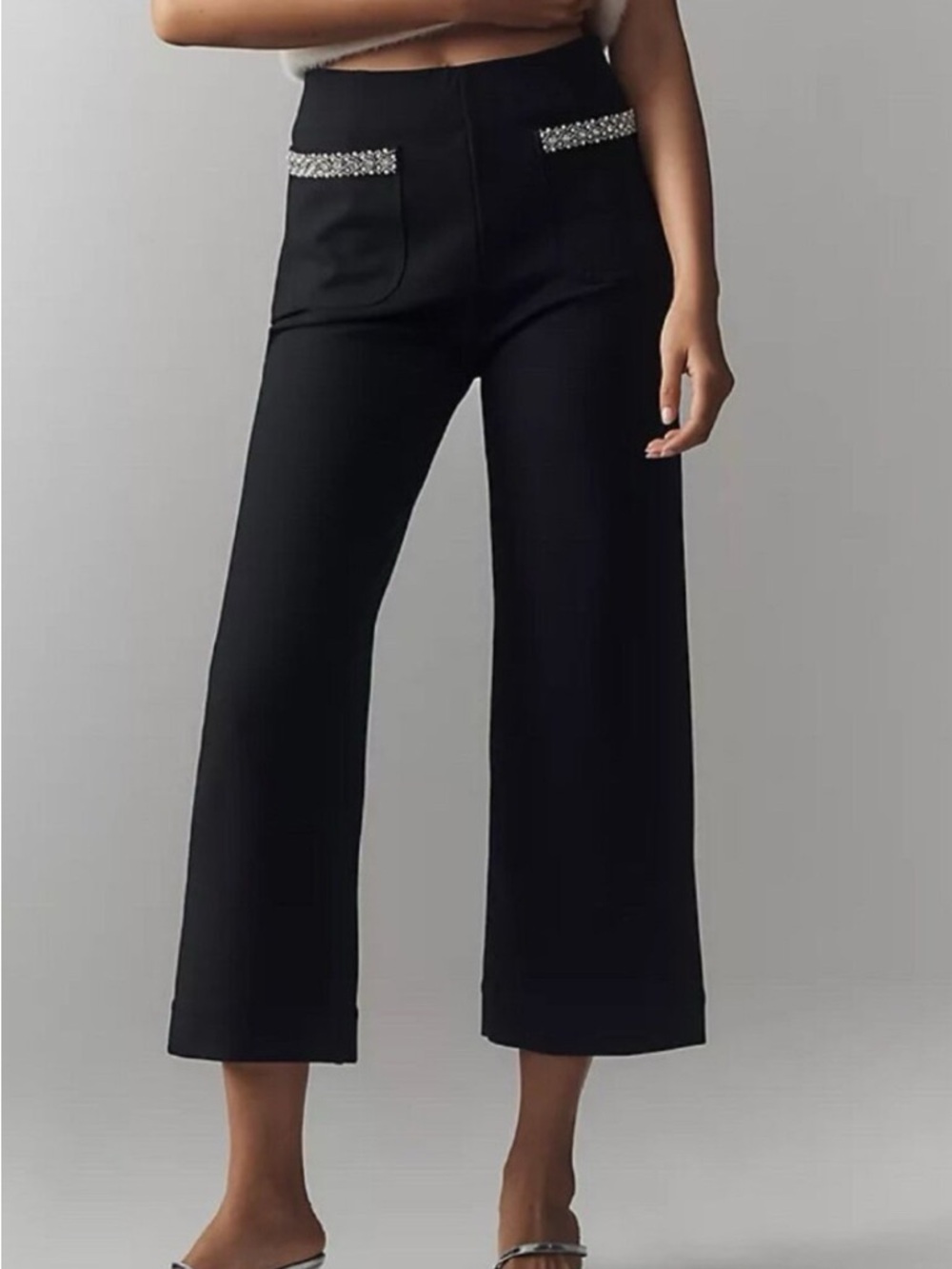 Anthropologie Colette Cropped Wide-Leg Pants Maeve Rhinestone Pocket Black Sz 32